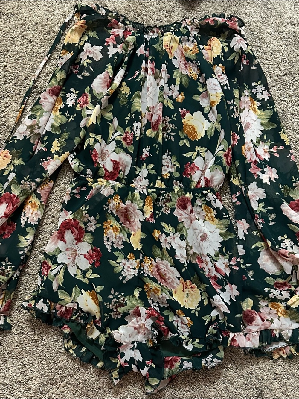 Girls Floral Off-Shoulder Romper Dress - Dark Green Multi